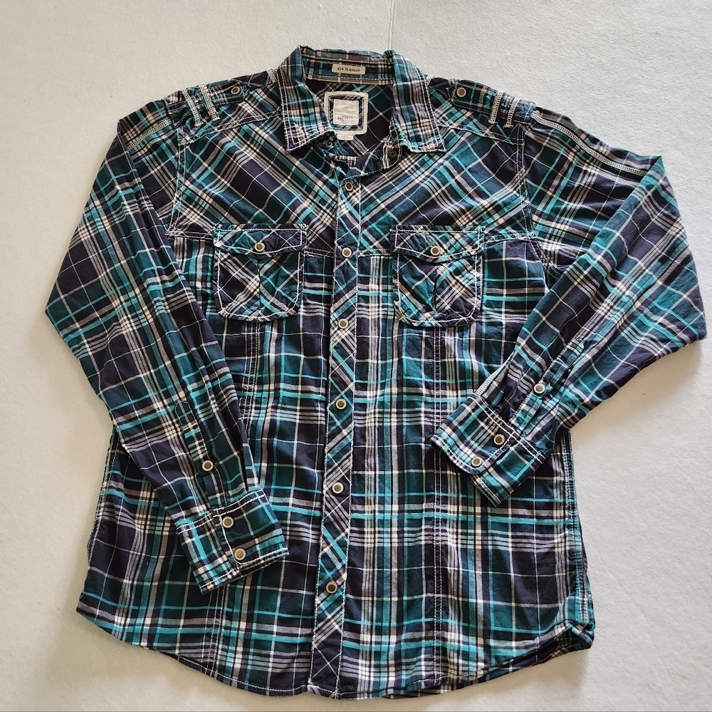 BKE Western Teal & Navy Plaid  Slim Fit Stretch Pearl Snap Size Large
